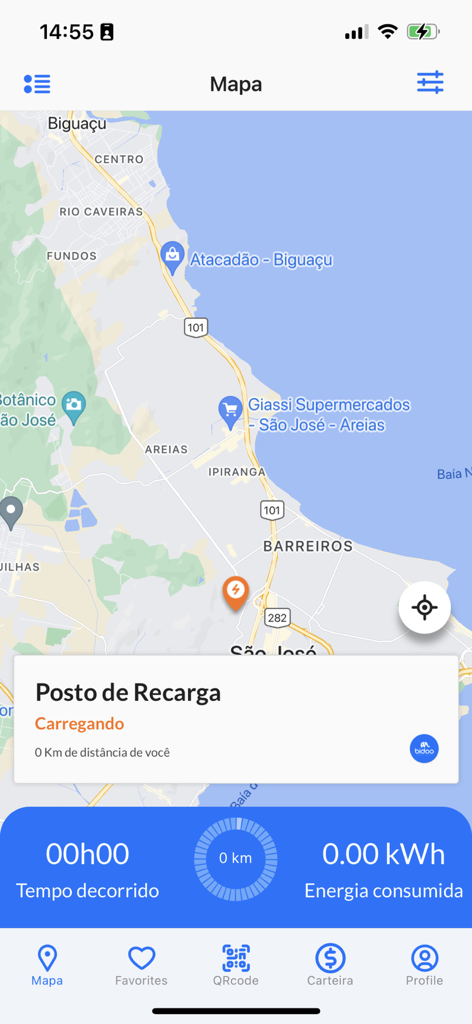 Bidoo - Bidoo app map interface displaying a real-time electric vehicle charging session with energy consumption and time tracking.