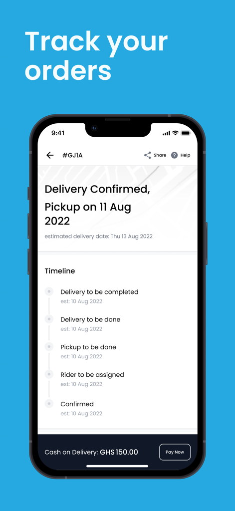 eWAKA Tech - A smartphone displaying the eWAKA Tech app order tracking screen with a delivery timeline and status updates.