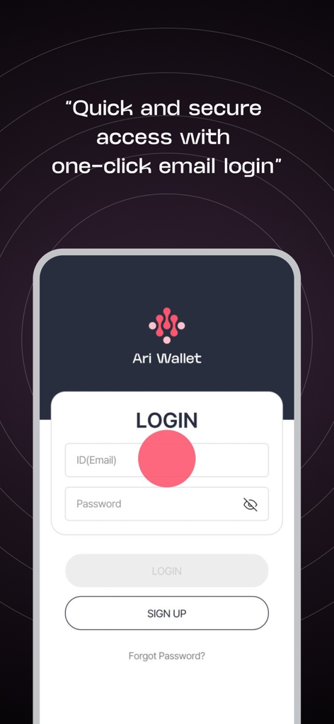 Ari Wallet - Ari Wallet mobile app login screen featuring one-click email login