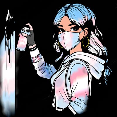 realistic girl with mask spray painting a wall