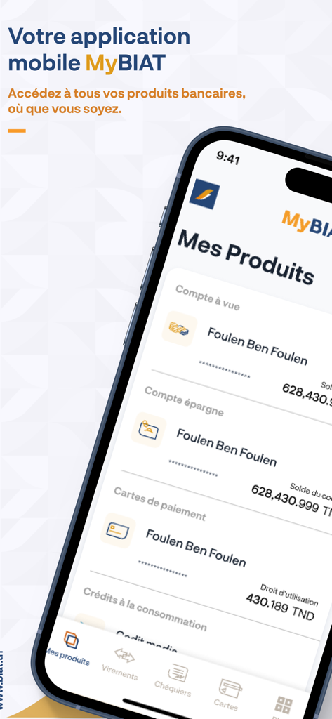 MyBIAT - Dashboard of the MyBIAT mobile banking app showing account summaries and navigation options.