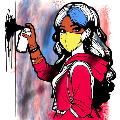 realistic girl with mask spray painting a wall