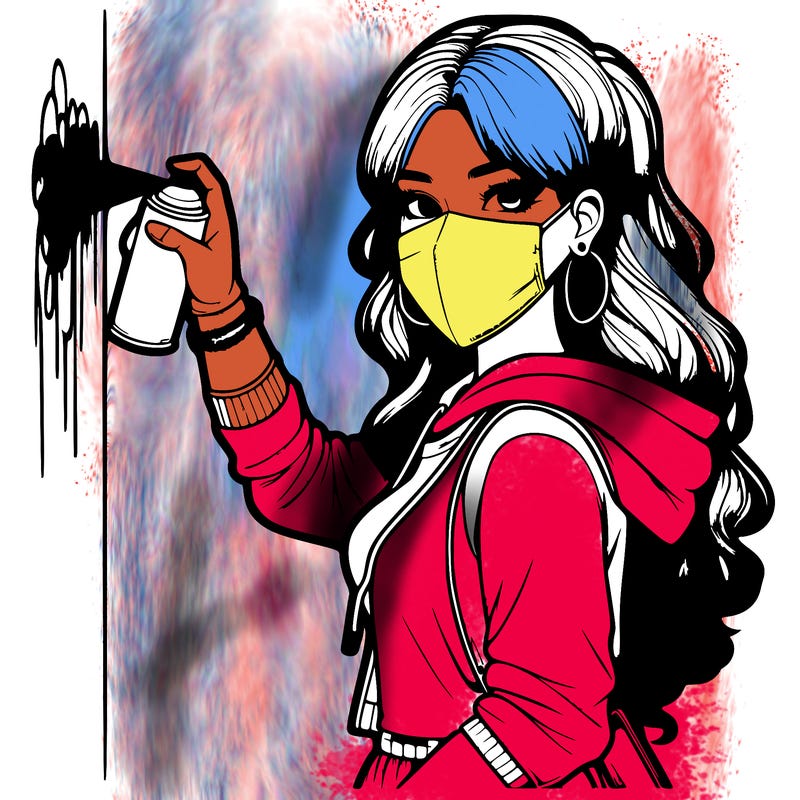 realistic girl with mask spray painting a wall