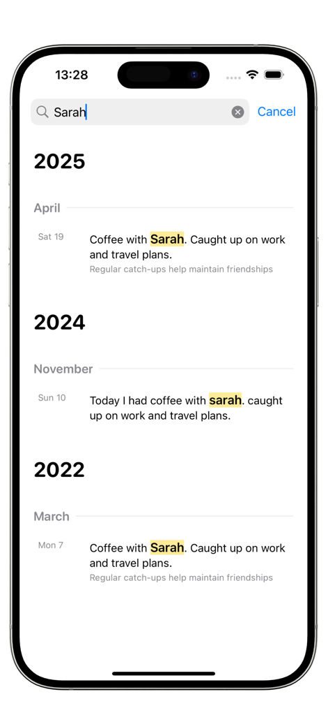 Path Journal - Path Journal search interface showing highlighted results in a minimalist timeline