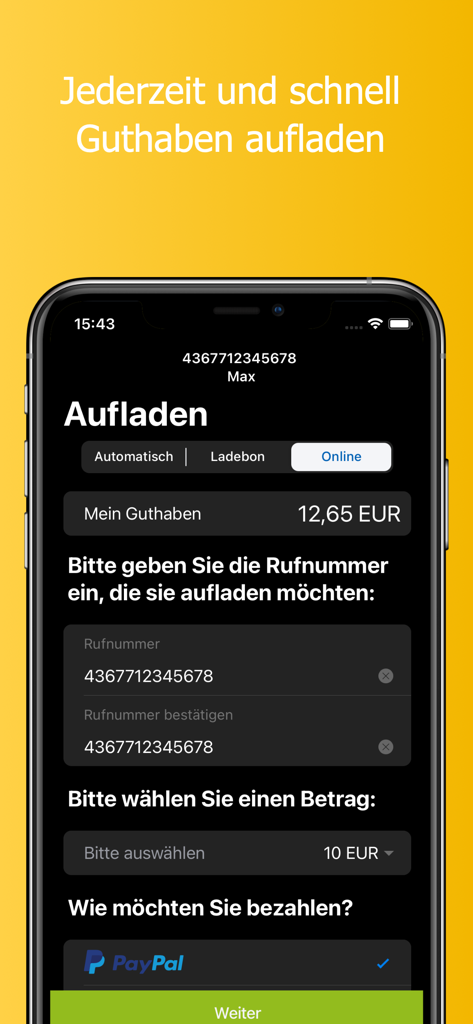 Mein HoT app interface for topping up mobile credit via PayPal