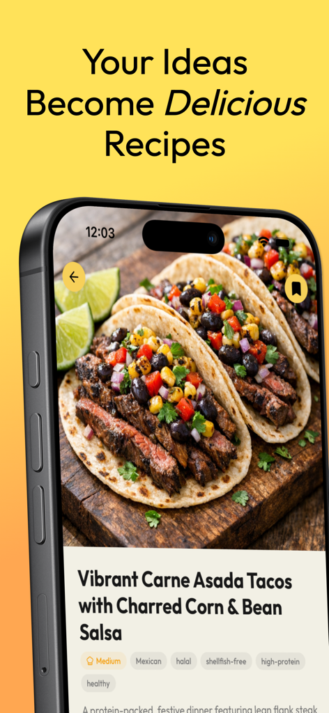 Smartphone screen showing an AI-generated carne asada taco recipe in the Dashi app