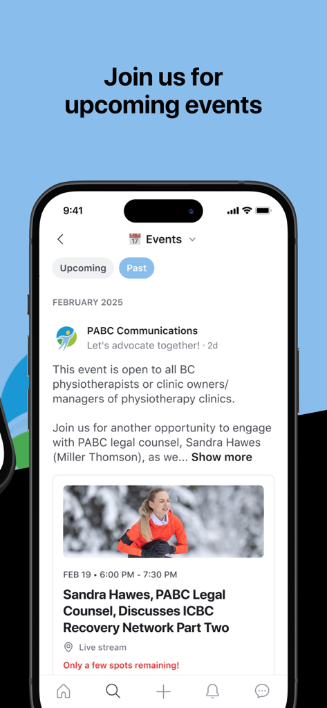 BC Physio Online Community - Captura de tela da página de eventos futuros no aplicativo Comunidade Online BC Physio