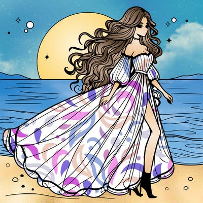 beautiful woman with a vaporous long dress walking on the beach at the noon, detailed art