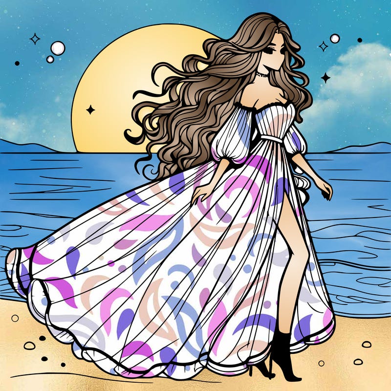 beautiful woman with a vaporous long dress walking on the beach at the noon, detailed art