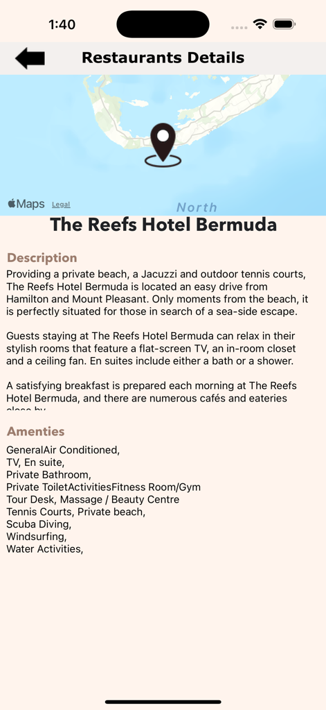 Bermuda Island Guide - Una vista detallada del hotel The Reefs Bermuda con ubicación en el mapa, descripción y una lista de servicios en la aplicación Bermuda Island Guide.