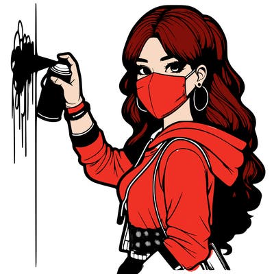 realistic girl with mask spray painting a wall