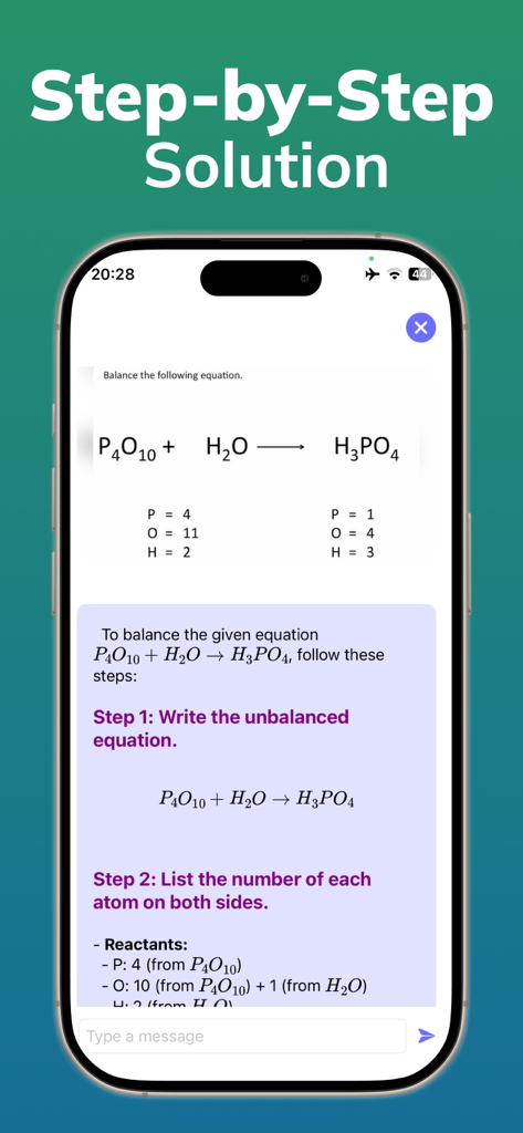 Chemistry Solver: AI Scanner - AI chemistry scanner showing a step by step solution for balancing a chemical equation on an iPhone