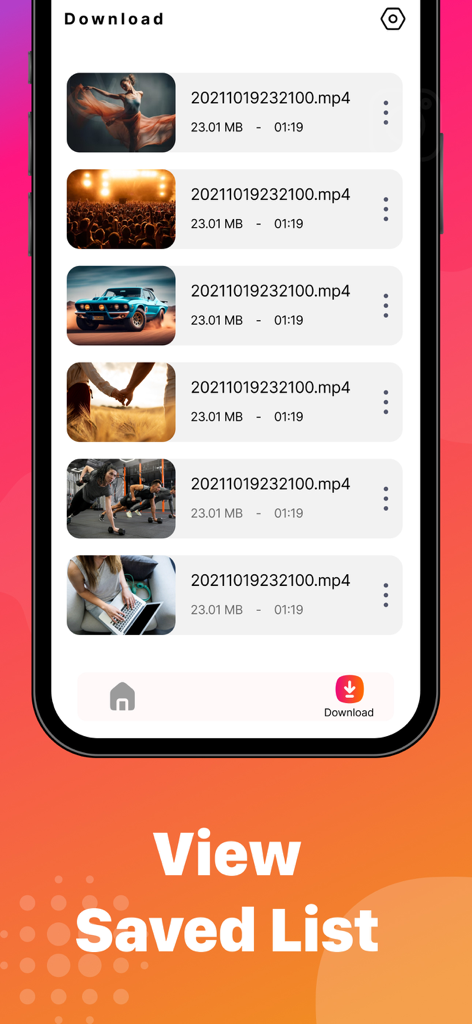 Application Instant Saver affichant une liste de vidéos enregistrées avec des miniatures et des tailles de fichiers
