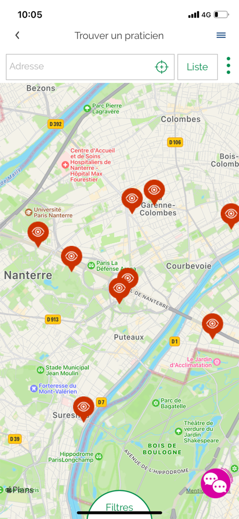 Santé WTW - Interface cartographique au sein de l'application Santé WTW montrant les emplacements des prestataires de santé avec des icônes d'œil représentant les spécialistes médicaux.