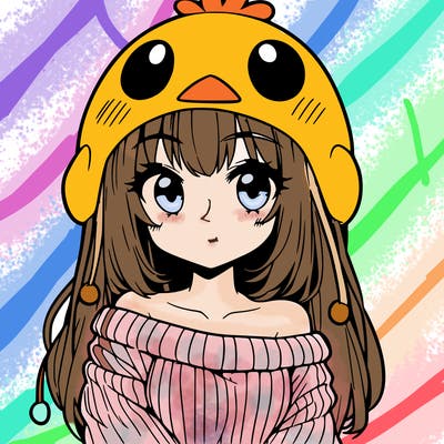 anime girl with chick shaped hat with sweater with bare shoulders with bangs covering them one eye with low tail