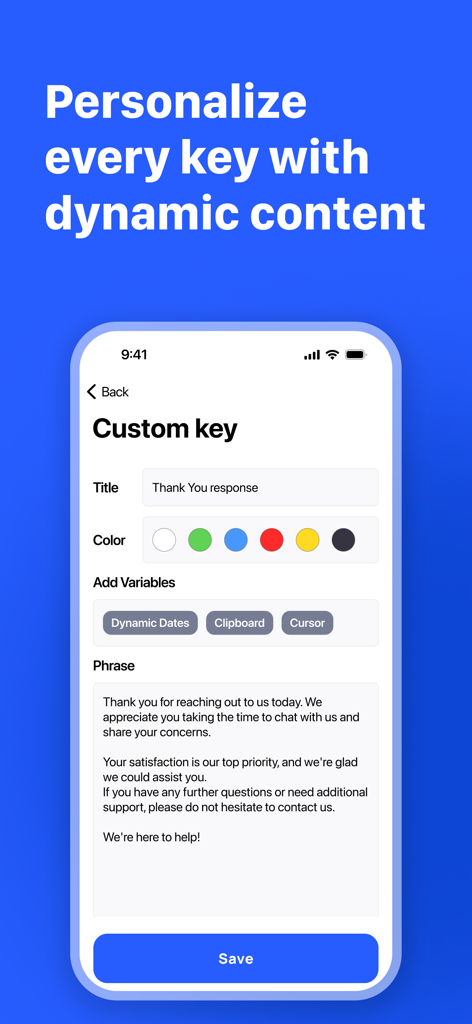 Copied - Auto Paste Keyboard - Interfaz para personalizar una tecla de teclado personalizada con variables dinámicas y fragmentos de texto automatizados.