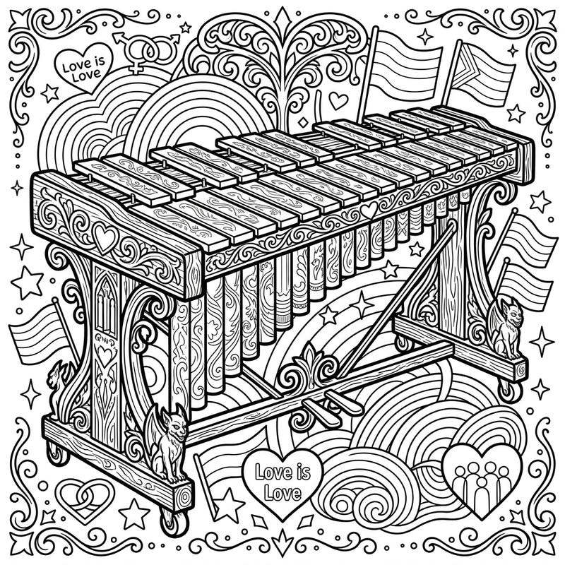 Dive into a unique coloring experience with this intricate Gothic marimba, beautifully integrated with symbols of Pride. This page invites you to celebrate love, music, and diversity with every stroke of color.