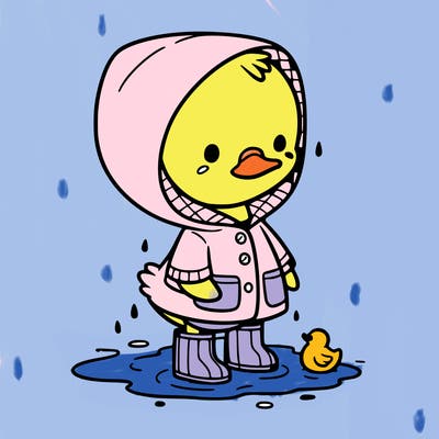 baby duck in a rain coat and boots, in a puddle while it’s raining