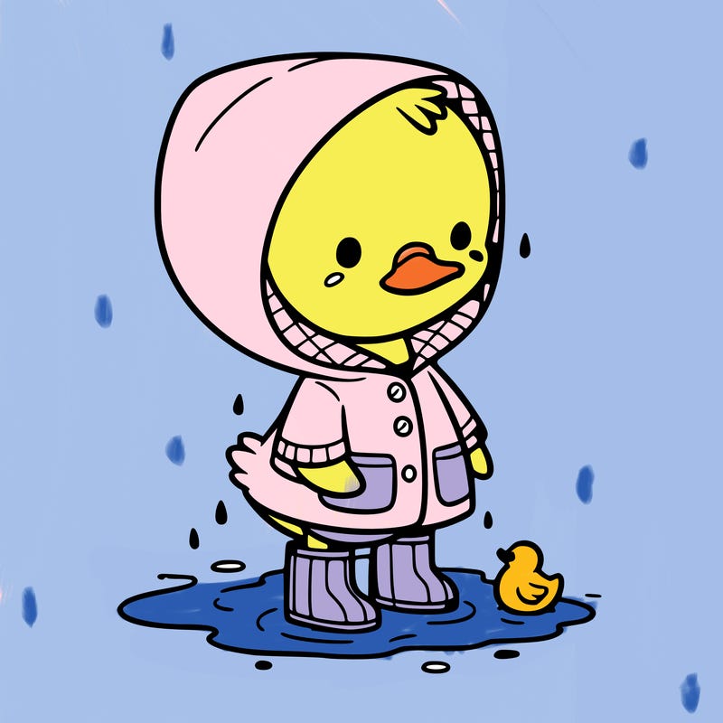 baby duck in a rain coat and boots, in a puddle while it’s raining