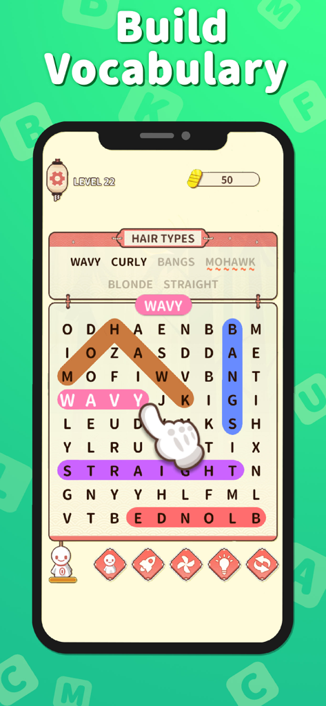Ring of Words - Search Games - A word search puzzle gameplay screen for building vocabulary with hair style categories.