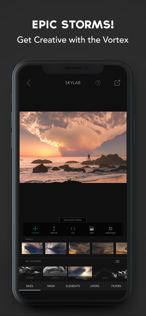 SkyLab app interface demonstrating a dramatic stormy sky replacement on a coastal landscape photo