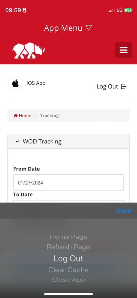 RhinoFit - Interface of the RhinoFit gym management app showing WOD tracking date inputs and the app menu with a logout option.