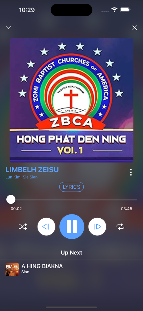 ZomiVerse - A music player screen in the ZomiVerse app showing controls for a Zomi religious song