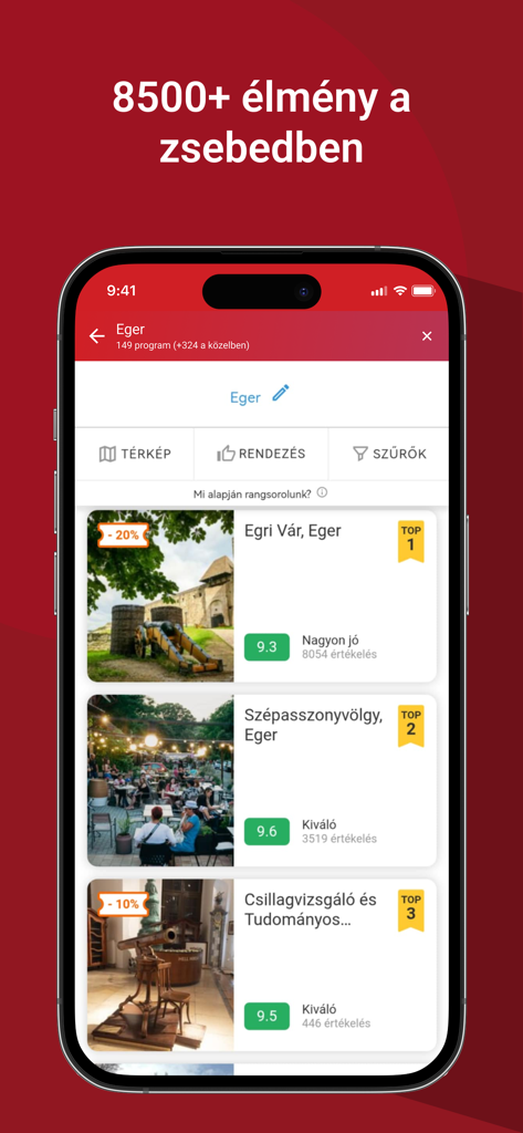 Szallas.hu - Szallas.hu mobile app interface showing a list of top-rated tourist attractions in Eger Hungary including guest reviews and discounts.