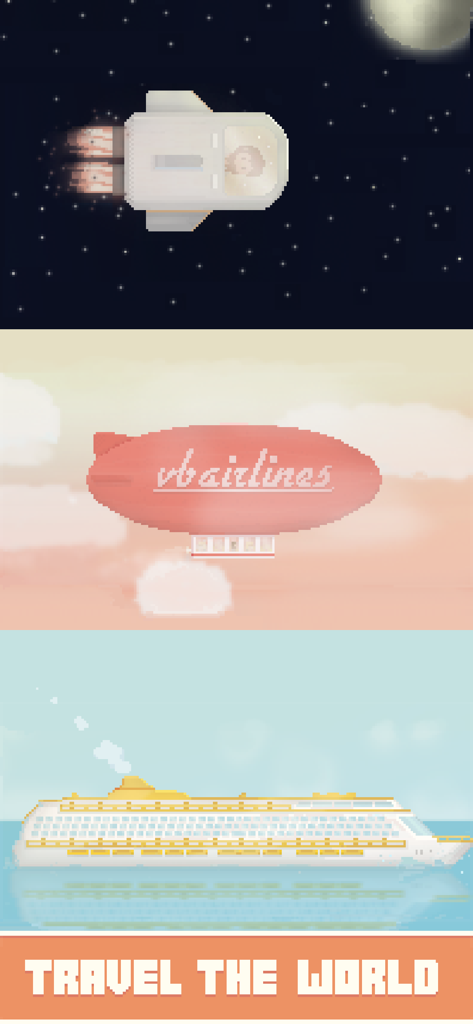 Virtual Beggar - 우주 로켓, 비행선, 유람선, '세계 여행'이라는 문구가 있는 픽셀 아트 콜라주