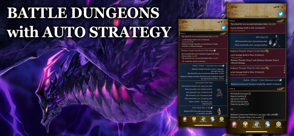 Artesnaut: Fantasy Idle RPG - Artesnaut game screenshot showing text-based auto battle logs and a purple dragon illustration with the text Battle Dungeons with Auto Strategy