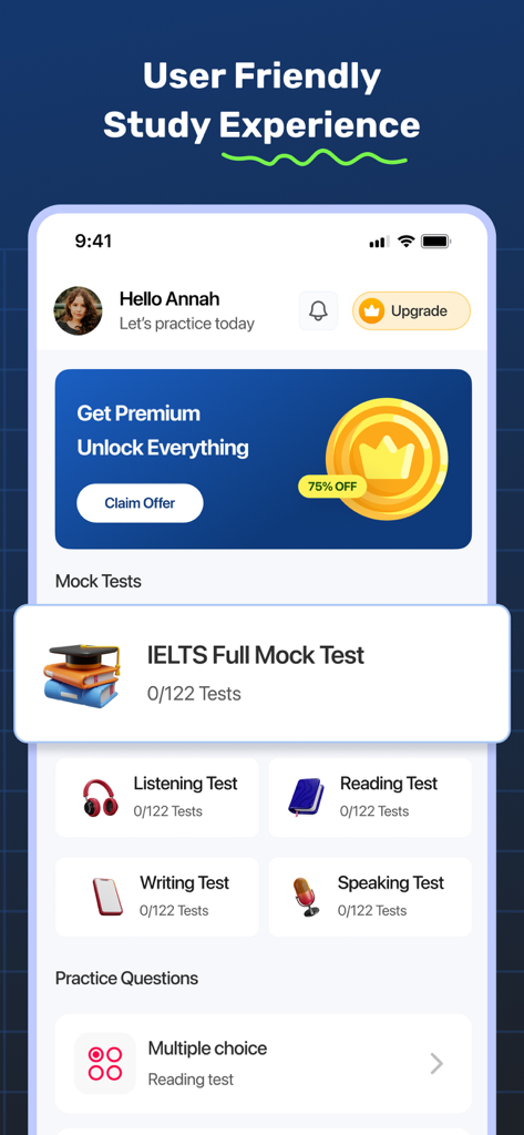 IELTS - Mock Test & AI Tutor - User interface of the IELTS Mock Test app showing study categories and mock exams