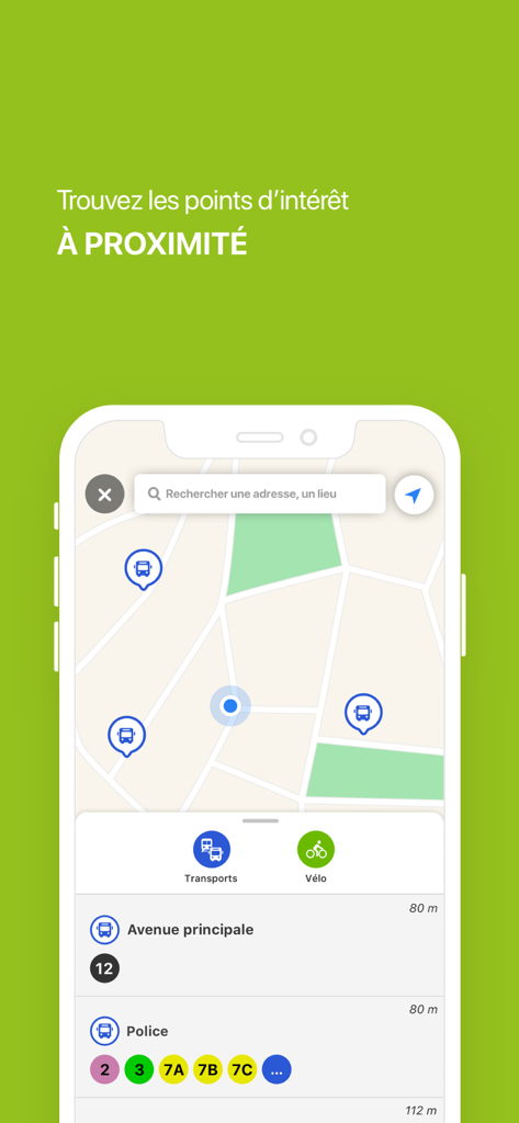 Mobile app interface of Impulsyon showing a local transit map with bus stops and nearby transportation options in La Roche-sur-Yon.