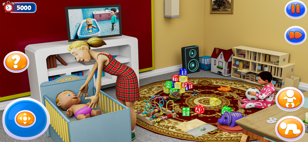 Eine virtuelle Mutter kümmert sich um ihr Baby in einem Kinderbett, während ein Kleinkind auf einem Teppich mit Spielzeug spielt