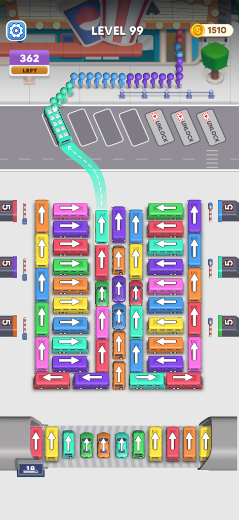 Bus Crazy: Jam Escape - A screenshot of Bus Crazy Jam Escape showing a parking jam puzzle with colored buses and waiting passengers