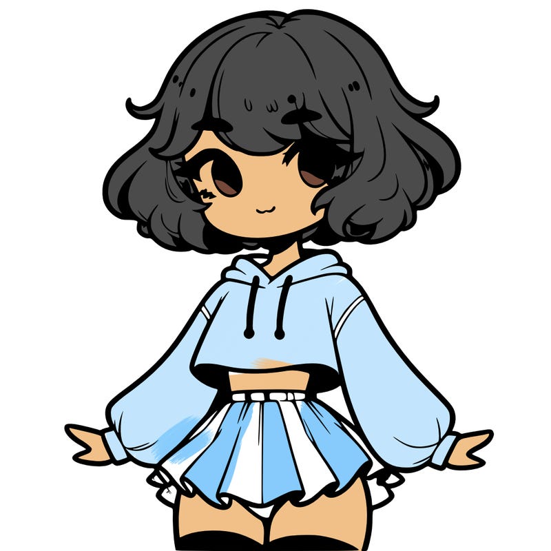 cute femboy with short, fluffy hair that softly frames their face, wearing a cropped hoodie, paired with a flouncy short skirt, and thigh-high stockings