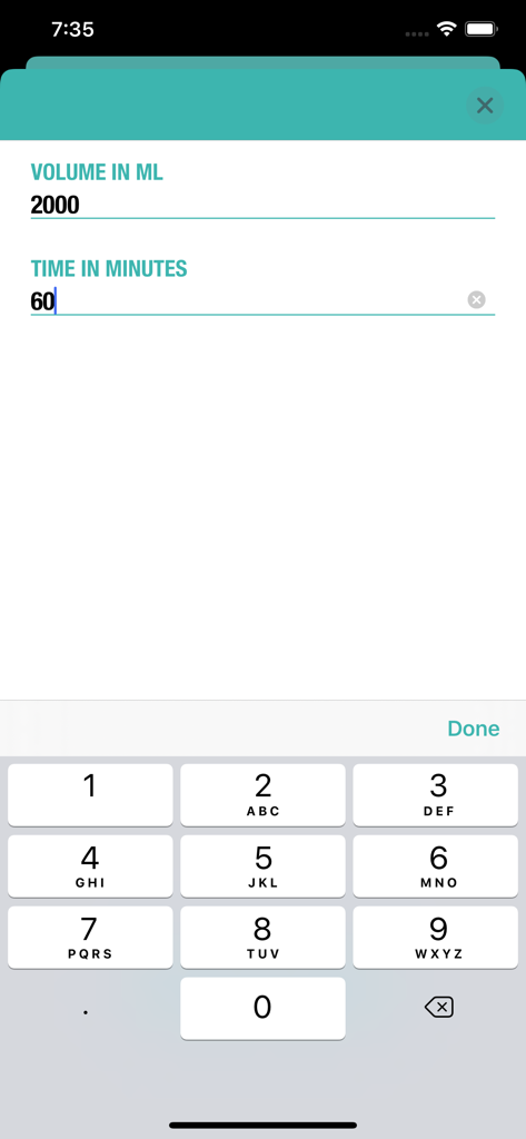 Medical Calculator App - Interfaz de la calculadora médica para introducir valores de volumen y tiempo