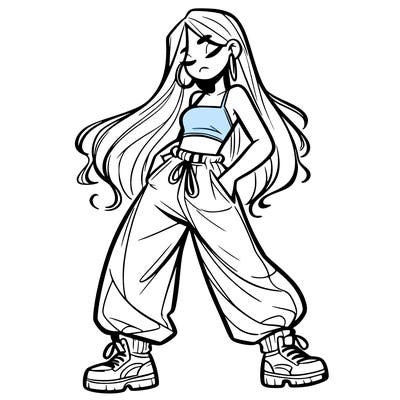 girl in baggy pants crop top and long hair