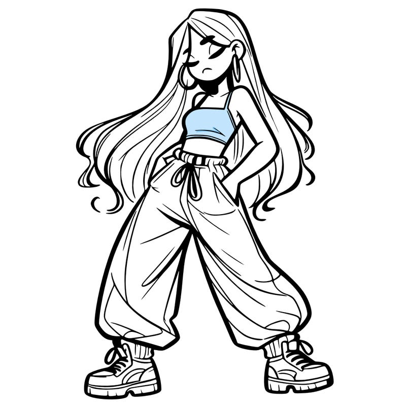 girl in baggy pants crop top and long hair
