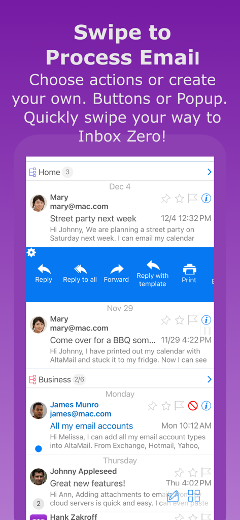 AltaMail app interface showing customizable swipe actions for quick email processing and inbox management