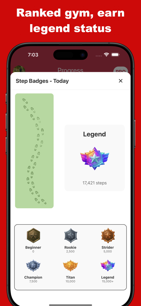 Gym Rank 앱 인터페이스, 걸음 수 배지 및 전설 등급 달성 표시