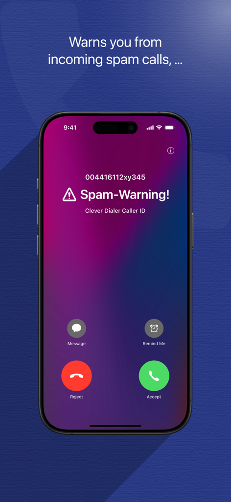 Clever Dialer App zeigt eine Echtzeit-Spam-Warnung für einen eingehenden Anruf auf einem iPhone-Bildschirm an.