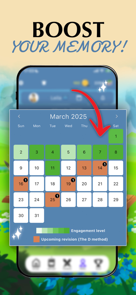 Aistote : AI QUIZ - Calendrier d'étude de l'application Aistote affichant les niveaux d'engagement quotidiens et les dates de révision prévues pour un apprentissage optimisé.