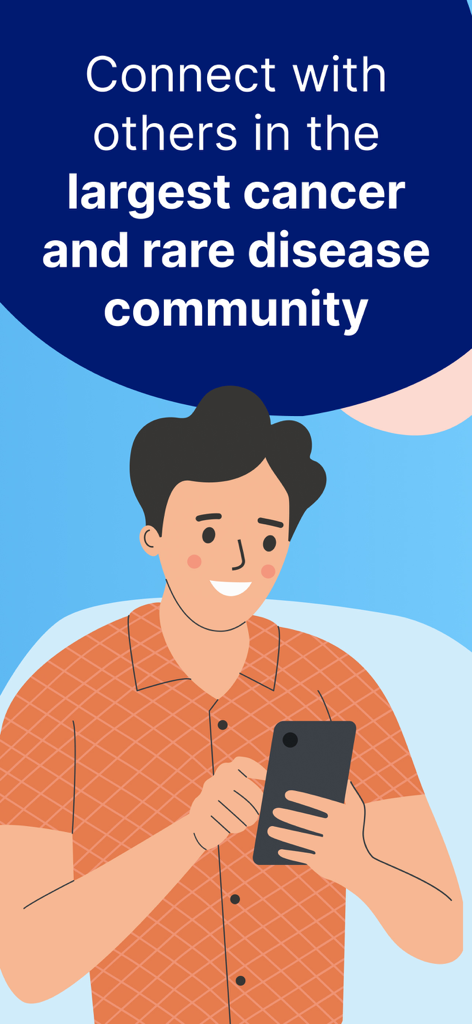 An illustration of a man using a smartphone to connect with others in the largest cancer and rare disease community