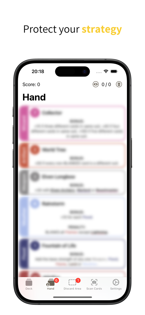 Fantasy Scoring - The Fantasy Scoring app screen showing blurred card details under the headline Protect your strategy to maintain game secrecy.