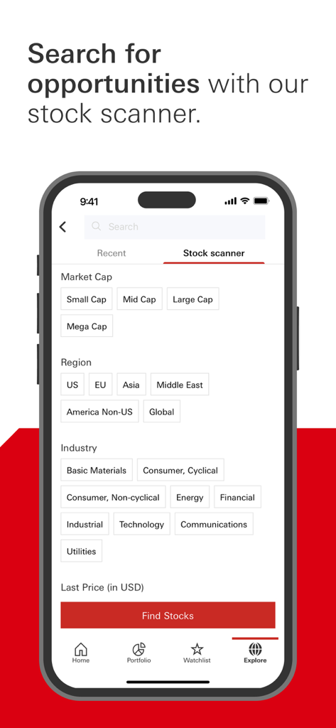 HSBC WorldTrader - HSBC WorldTrader app stock scanner with market cap and region filters