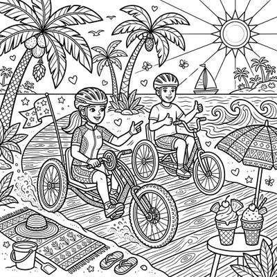 Dive into a vibrant summer scene featuring para-cyclists enjoying a beach day on their adapted bikes. This engaging coloring page captures the joy of warm weather adventures and active fun by the sea.