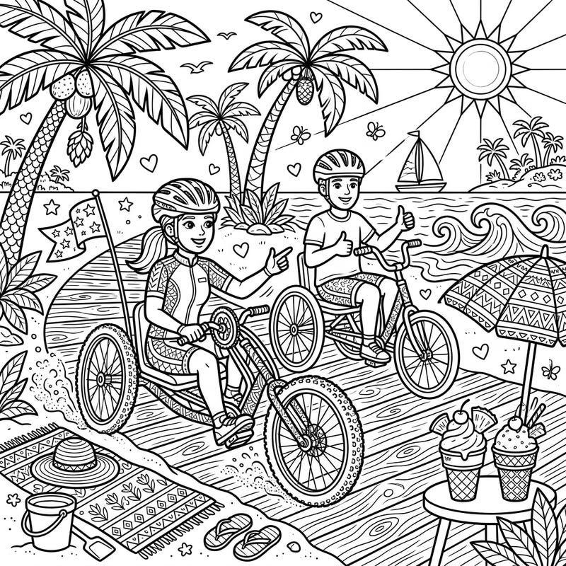 Dive into a vibrant summer scene featuring para-cyclists enjoying a beach day on their adapted bikes. This engaging coloring page captures the joy of warm weather adventures and active fun by the sea.