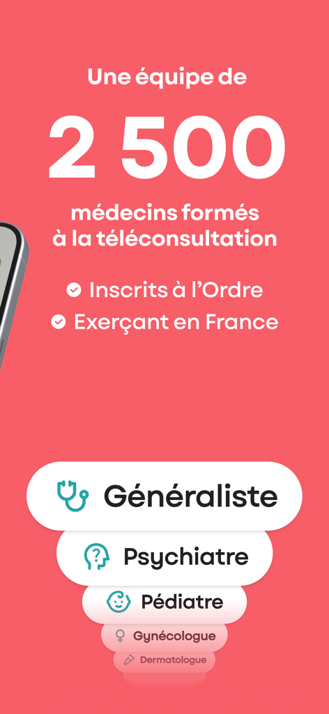 Qare app screen showing a network of 2500 doctors across multiple specialties like generalist and psychiatrist