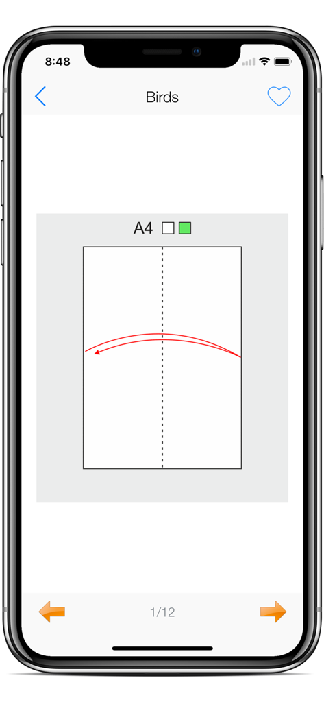 Origami Creator: Fold & Learn - Step-by-step origami bird folding instruction showing an A4 paper fold on a mobile screen
