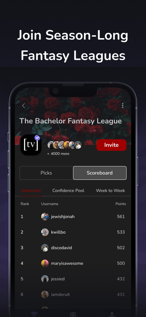Bracketology - Marcador y tabla de clasificación de usuarios para la liga de fantasía de The Bachelor en la aplicación Bracketology